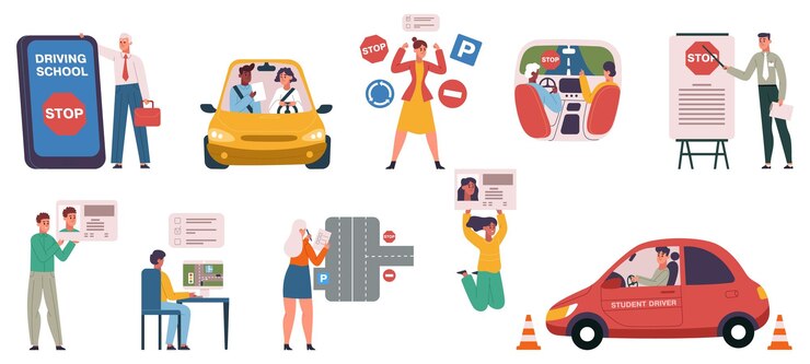 Vector escuela de autos de conducción lecciones de conducción instrucción y escenas de exámenes los estudiantes pasan pruebas de computadora y obtienen un conjunto de ilustración de vector de licencia de conducir proceso de educación de conducción de automóviles