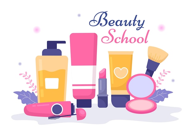 Escuela de belleza y maquillaje con productos cosméticos para chicas hermosas aplicando maquillaje en la ilustración