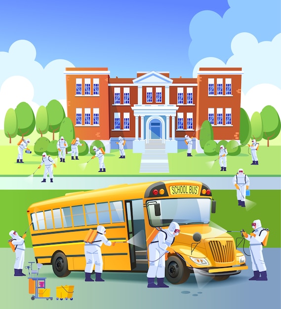 Escuela cerrada, cuarentena. Los trabajadores rocían desinfectante como parte de las medidas preventivas contra la propagación del covid-19 o el nuevo coronavirus, en una escuela y en un autobús escolar. Ilustración de dibujos animados