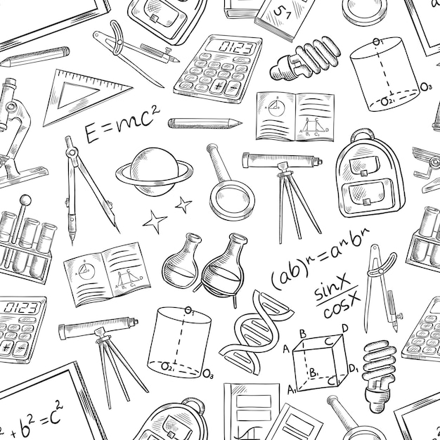 escuela, ciencia, vector, bosquejo, seamless, patrón
