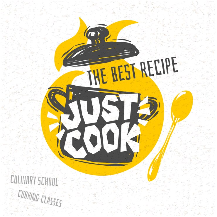 Vector escuela de cocina, clases culinarias, estudio, logo, utensilios, delantal, tenedor, cuchillo, maestro de cocina. letras, logotipo de caligrafía, estilo de dibujo, bienvenido.