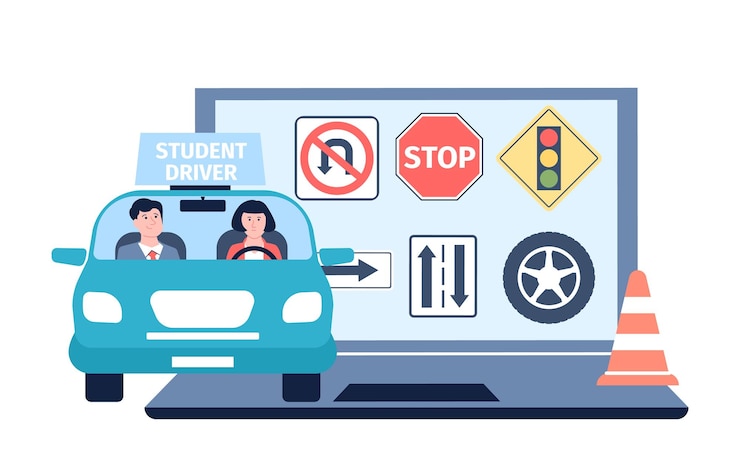 Vector escuela de conducción en línea futuro conductor e instructor en reglas de automóviles y señales de tráfico en la pantalla de la computadora regla de tráfico prepararse para el examen de licencia escena vectorial reciente