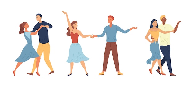 Vector escuela de danza o concepto de concursos. gente disfrutando de pasar tiempo juntos. los personajes masculinos y femeninos se divierten bailando tango en pareja. estilo plano de dibujos animados. ilustración de vector.