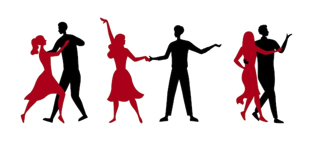 Escuela de danza o concepto de concursos. siluetas de personas que disfrutan de pasar tiempo juntos. hombres y mujeres se divierten bailando tango en parejas.