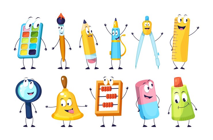 Vector escuela divertida suministros de oficina personajes con caras sonrientes brújula, libro, marcador, pinturas, calculadora