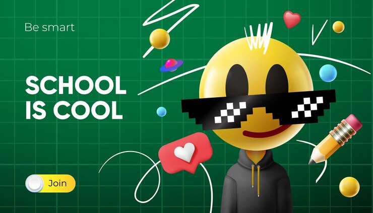 Vector la escuela es genial banner web de regreso a la escuela con emoji cara sonriente con gafas de sol e íconos de redes sociales educación en línea aprendizaje digital