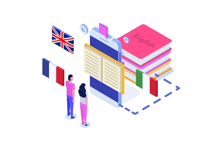 Vector escuela de idiomas, aprendizaje online. traductor isométrico.