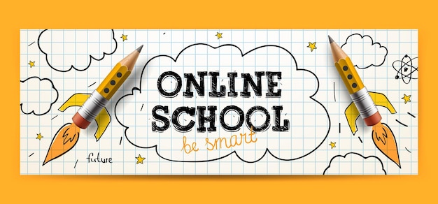 Escuela en línea educación en línea Vector banner Doodle estilo ilustración