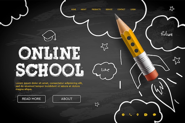 Escuela en linea. tutoriales y cursos digitales en internet, educación en línea, e-learning. plantilla de banner web para sitio web, página de inicio. estilo garabato