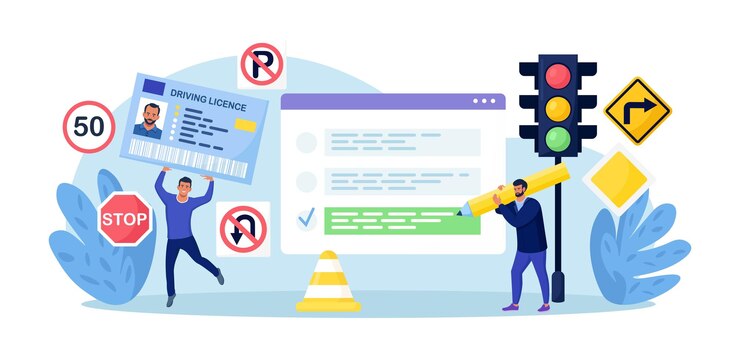 Vector escuela de manejo hombre que aprueba el examen para obtener la licencia de conducir personas que aprenden las reglas de tránsito conducir un automóvil con un instructor persona con tarjeta de identificación educación vial lecciones en línea permiso internacional