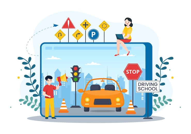 Vector escuela de manejo con proceso educativo de aprendizaje de automóviles para conducir para obtener una licencia de conducir en la ilustración