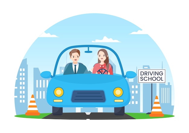 Vector escuela de manejo con proceso educativo de aprendizaje de automóviles para conducir para obtener una licencia de conducir en la ilustración