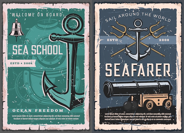Vector escuela de mar, carteles vintage náuticos marinos
