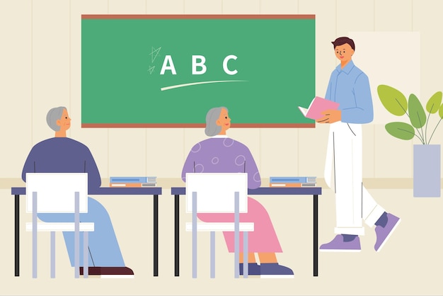 Vector escuela de mayores. el abuelo y la abuela están tomando lecciones en el salón de clases.