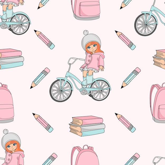 Escuela seamless pattern vector illustration muchacha en bicicleta