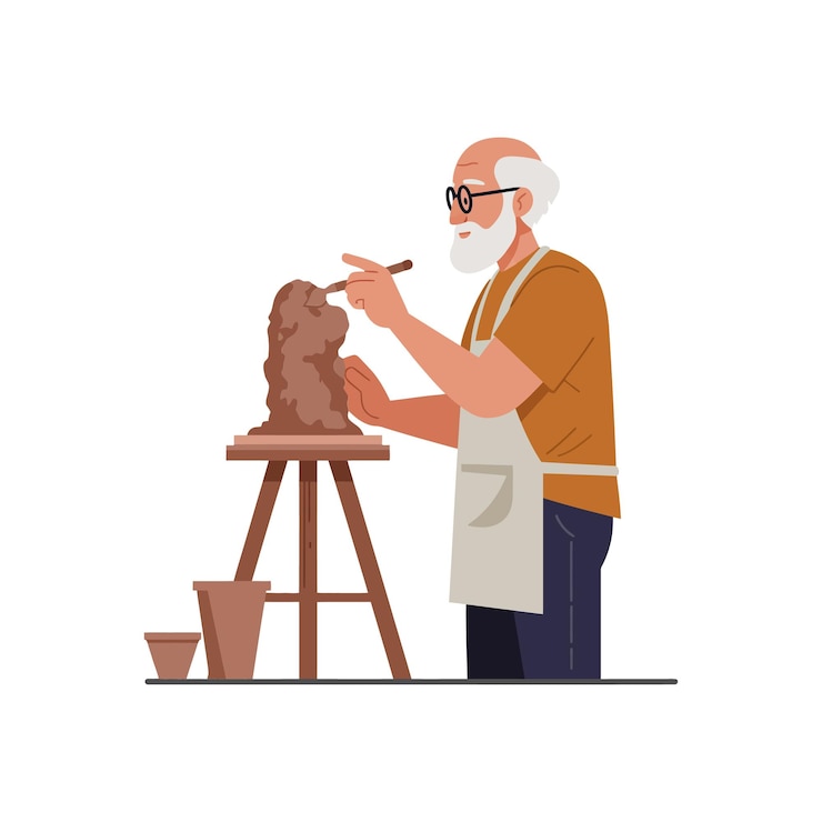Vector un escultor anciano haciendo una figura de arcilla detallada en arte vectorial plano