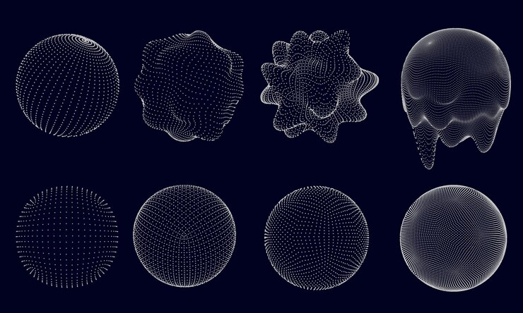 Vector esfera 3d punteada formas esféricas distorsionadas y derretidas esferas con patrones de puntos formas volumétricas abstractas con marcos de alambre geométricos puntos conjuntos vectoriales aislados