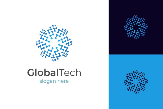 Esfera abstracta del diseño del icono del logotipo de tecnología global con símbolo de punto para la ilustración del logotipo del vector de tecnología futura
