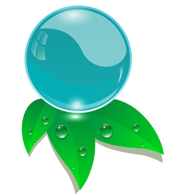 Esfera de agua azul cristalina de icono fresco y hojas verdes frescas