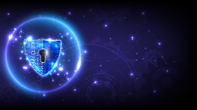 Esfera brillante futurista de candado de holograma con escudo de cerradura en seguridad de datos personales Datos de seguridad cibernética o privacidad de la información Fondo de tecnología abstracta
