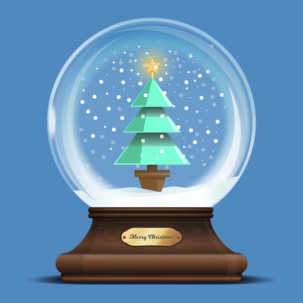 Esfera de cristal transparente sobre un soporte de madera con un árbol de navidad en su interior. elemento de diseño de navidad. feliz navidad. ilustración vectorial