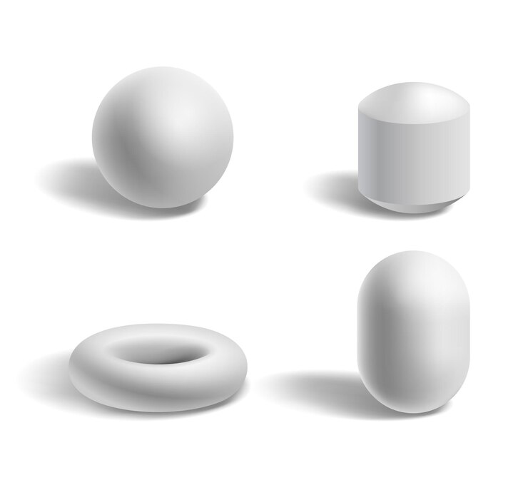 Vector esfera de formas geométricas 3d básicas, toro, cápsula blanca plantillas aisladas con sombras