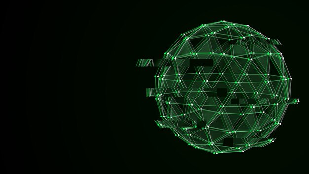 Esfera de glitch de ciencia ficción verde abstracta con partículas y líneas Conexión de red tecnológica en el mundo Ilustración vectorial futurista Conexiones digitales globales á esfera geométrica de marco de alambre 3D