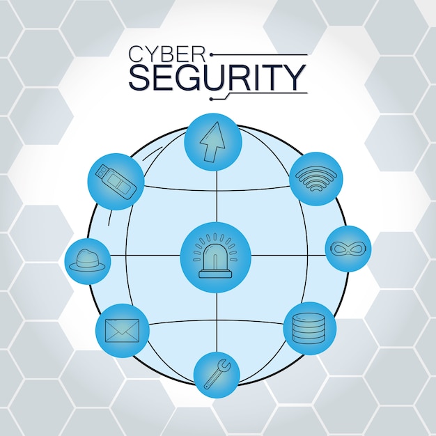 Vector esfera global de seguridad cibernética con símbolos