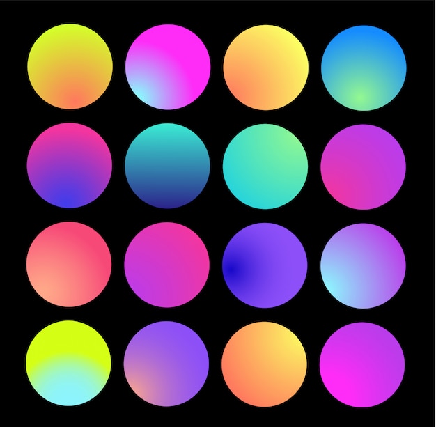 Esfera de gradiente holográfica redondeada. Gradientes de círculo multicolor, coloridos botones redondos suaves o esferas de colores vivos conjunto plano