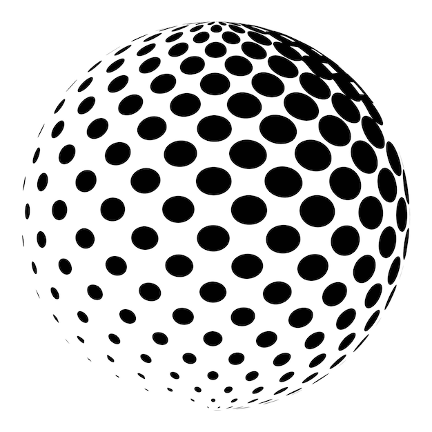 Esfera con un patrón de medios tonos elemento de diseño de orbe punteado aislado en el logotipo 3d del vector blanco