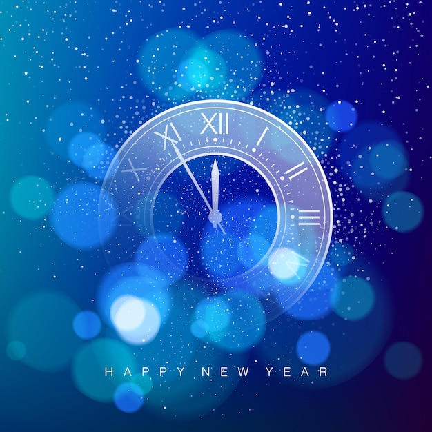 Esfera de reloj sobre fondo azul mágico brillo de navidad con bokeh. ilustración vectorial