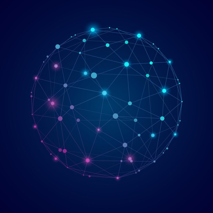 Vector esfera vectorial abstracta y marco de alambre líneas poligonales conectan punto aislado en fondo azul estructura de conexión y concepto de tecnología geométrica ilustración vectorial