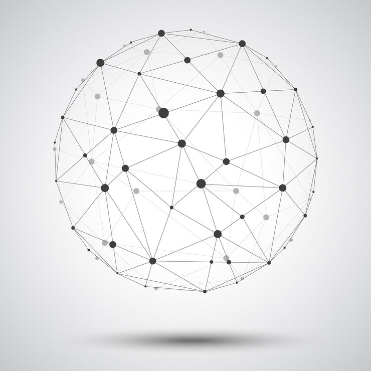 Vector esfera vectorial abstracta y marco de alambre líneas poligonales conectan punto aislado en fondo blanco estructura de conexión y concepto de tecnología geométrica ilustración vectorial