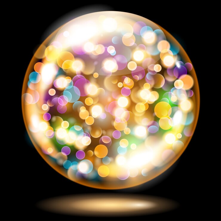 Vector esfera de vidrio amarillo anaranjado llena de destellos multicolores con efecto bokeh esfera con destellos de colores y sombras usada solo sobre fondo oscuro