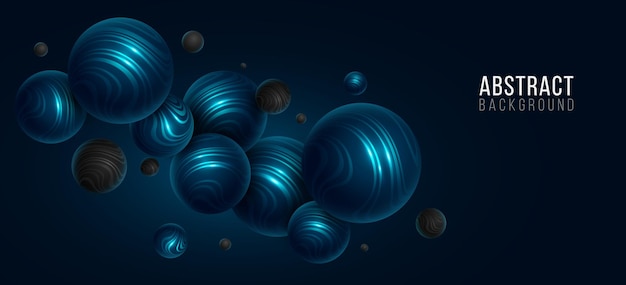 Esferas 3D abstractas con textura de patrón ondulado a rayas en fondo oscuro Levitando burbujas azules brillantes para su diseño Templo de fondo abstracto de moda Ilustración vectorial