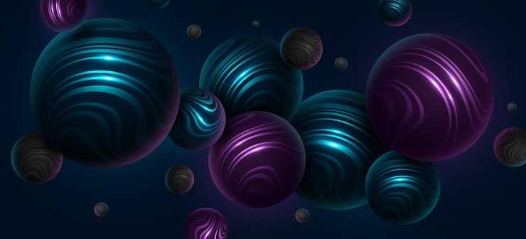 Vector esferas 3d abstractas con textura con patrón ondulado a rayas en fondo oscuro levitando burbujas azules y púrpuras con brillo para su diseño vector de portada moderna de moda