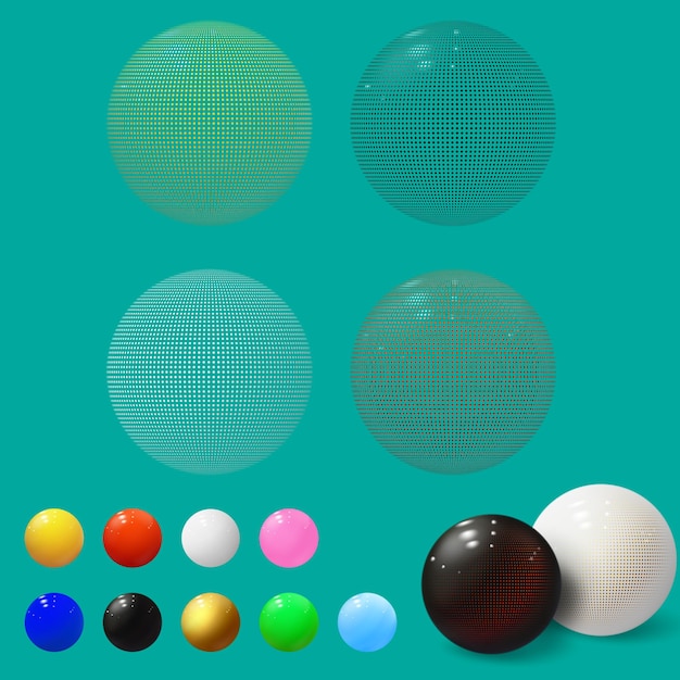 Esferas 3d realistas Conjunto de burbujas Bolas texturizadas con un patrón de semitonos Concepto de cubierta de joyería Elemento de decoración para el diseño