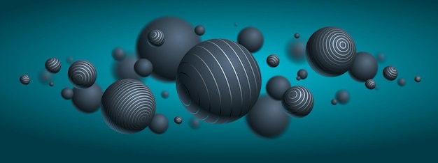 Esferas abstractas, fondo vectorial, composición de bolas voladoras decoradas con líneas, globos realistas mixtos en 3D, efecto de profundidad de campo realista.