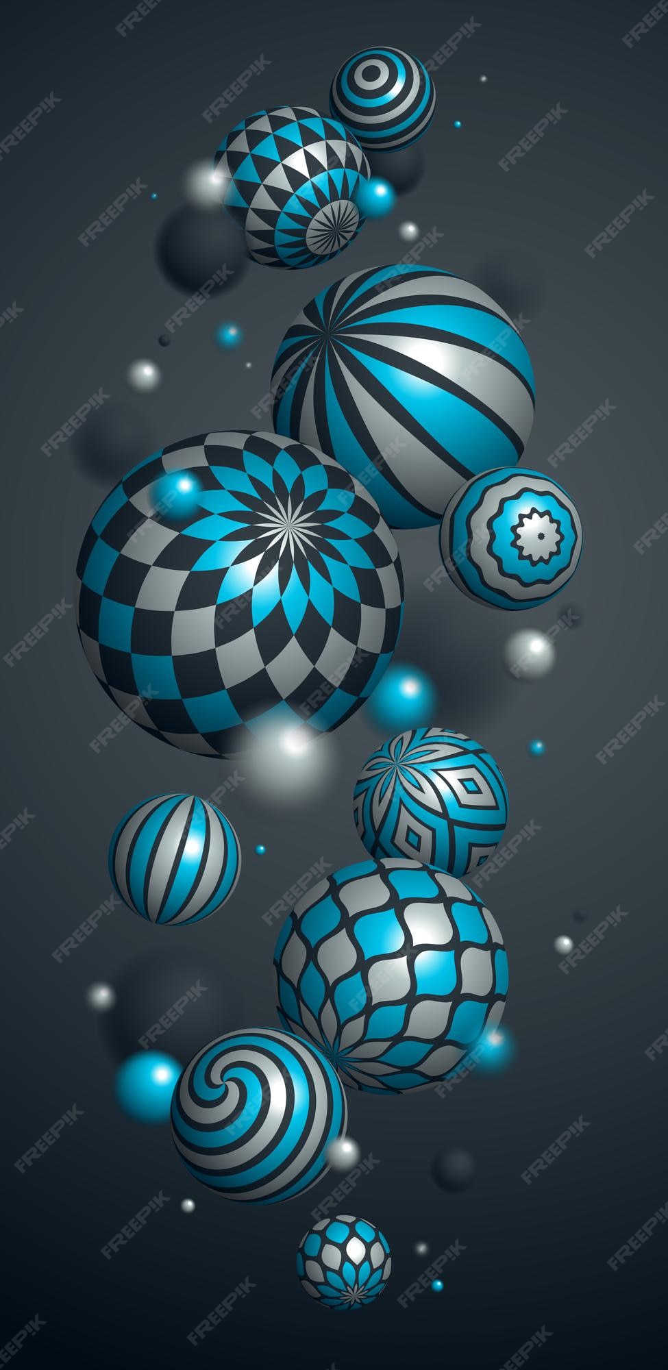 Esferas abstractas vector fondo de teléfono, composición de bolas voladoras  decoradas con patrones, globos realistas de variedad mixta 3d con adornos,  fondos de pantalla para teléfonos inteligentes. | Vector Premium