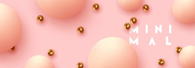 Esferas de bolas realistas, fondo abstracto con elementos 3d. Patrón de objetos geométricos circulares. Bolas redondas de color rosa suave y abalorios de metal dorado. Cartel de moda horizontal, banner, sitio web de encabezados