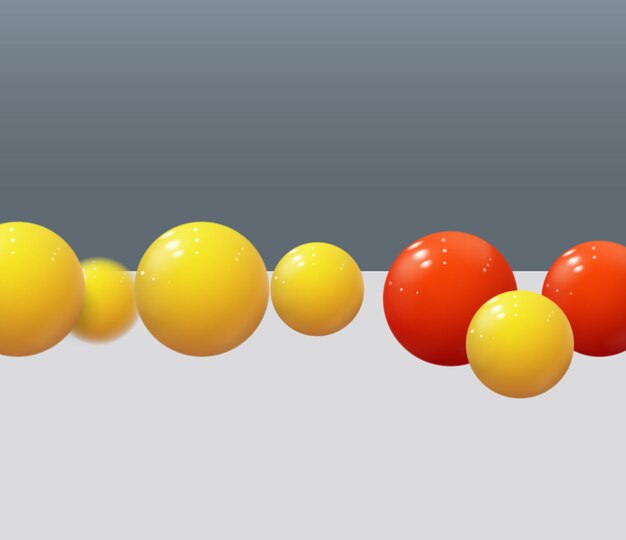 Esferas de colores realistas Burbujas de plástico Bolas brillantes Formas geométricas 3d fondo abstracto Diseño moderno de concepto de portada o informe anual Banner dinámico o fondo de pantalla con bolas Vector