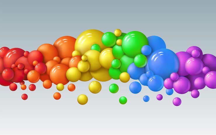 Vector esferas de cumpleaños de arco iris bolas brillantes fondo niños voladores dinámicos burbujas plástico líquido arte flotante composición de línea horizontal globos aislados en 3d concepto abstracto vectorial