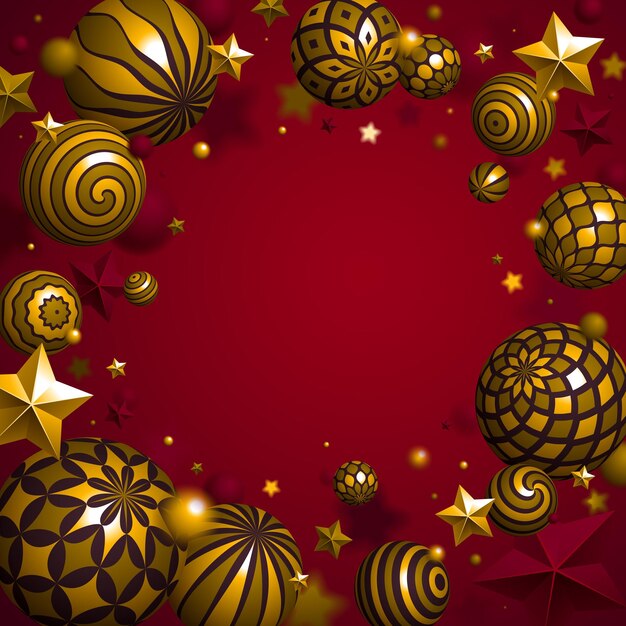 Esferas y estrellas de oro abstracto vector fondo, composición de bolas voladoras decoradas con patrones de oro brillante, globos realistas de variedad mixta 3D con adornos, con espacio de copia en blanco.