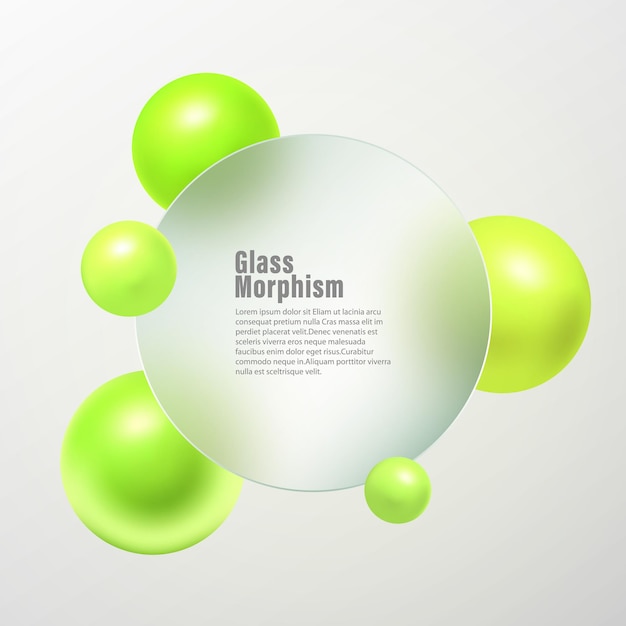 Esferas geométricas verdes Fondo de vidrio de morfismo de vidrio transparente con espacio para texto Ilustración vectorial