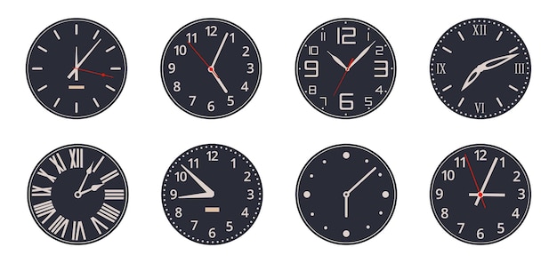 Esferas de reloj analógico de dibujos animados Relojes antiguos Esferas de reloj mecánicas y electrónicas con números y manecillas de reloj conjunto de ilustración de vector plano