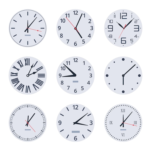 Esferas de reloj antiguas Relojes electrónicos y mecánicos analógicos Esferas de reloj con números y manecillas de reloj Conjunto de ilustraciones vectoriales planas