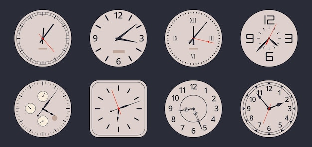 Esferas de reloj Relojes analógicos de dibujos animados Esferas de reloj antiguas mecánicas y electrónicas con números y manecillas de reloj ilustración vectorial plana en fondo blanco