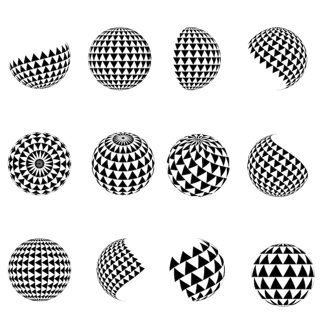 Esferas de semitono de vector 3D. Conjunto de fondos abstractos. Círculo punteado. Aislado sobre fondo blanco. Patrón de triángulo blanco y negro. Elemento de diseño. Ilustración vectorial.