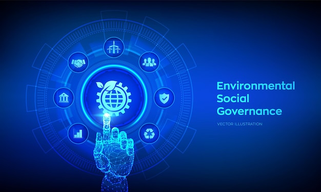 ESG. Concepto de gobernanza social ambiental en pantalla virtual. Conservación ambiental futura y desarrollo de modernización ESG. Mano robótica tocando la interfaz digital. Ilustración vectorial.