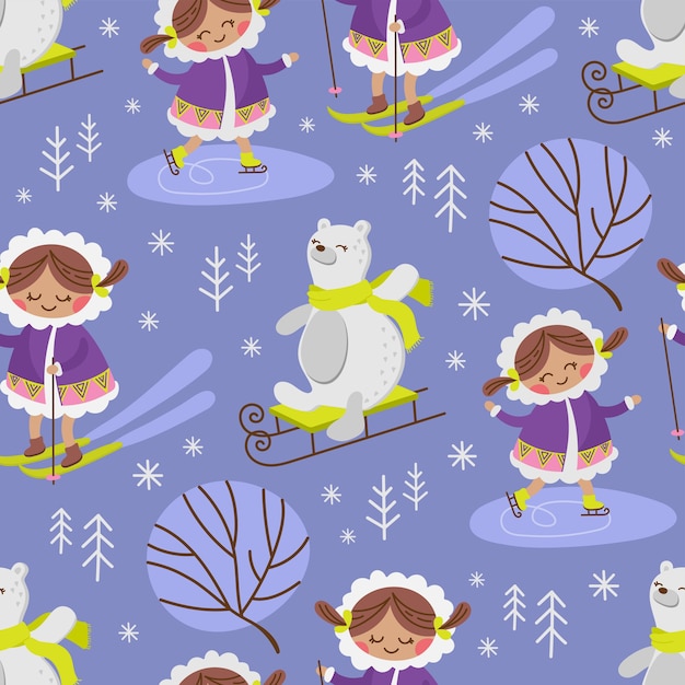 Eskimo sketch winter alaska girl comic funny animal flat design cartoon hand drawn seamless pattern vector ilustración para imprimir